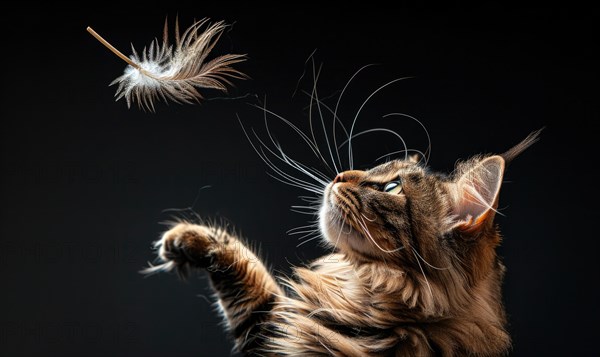 Maine Coon cat playfully batting at a feather toy in a studio setup AI generated