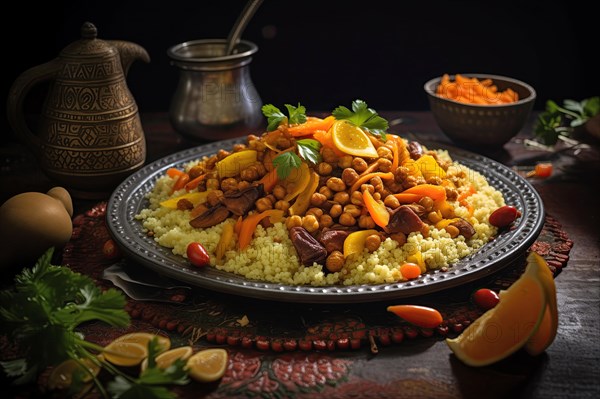 Gourmet Couscous Platter with Mixed Vegetables and Spices, AI generated