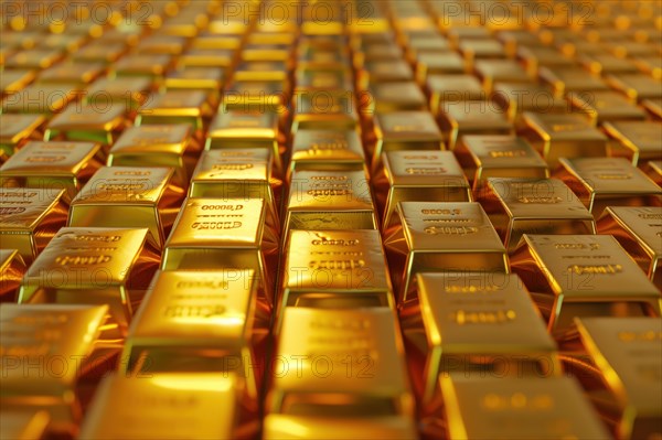 An array of meticulously arranged gold bars casting a warm glow, illustrating immense wealth and the allure of precious metals, AI generated