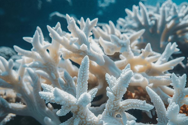 White bleached coral reef caused by change in ocean temperature. KI generiert, generiert, AI generated