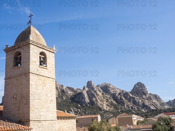 Church tower, behind Monte Cugnana, San Pantaleo, Sardinia, Italy, Europe