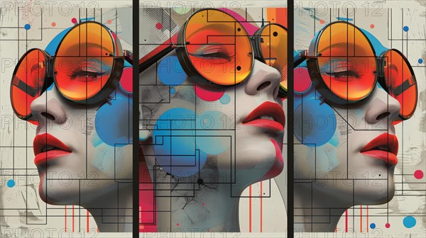 A vibrant abstract mural displaying a stylized face with sunglasses, interlaced with musical elements, ai generated, AI generated