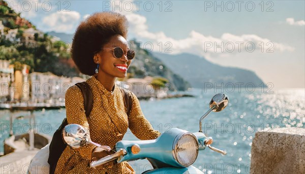 Joyful woman with sunglasses riding a vintage scooter along a italian lakefront on a bright day, blurry moody landscaped background with bokeh effect, AI generated