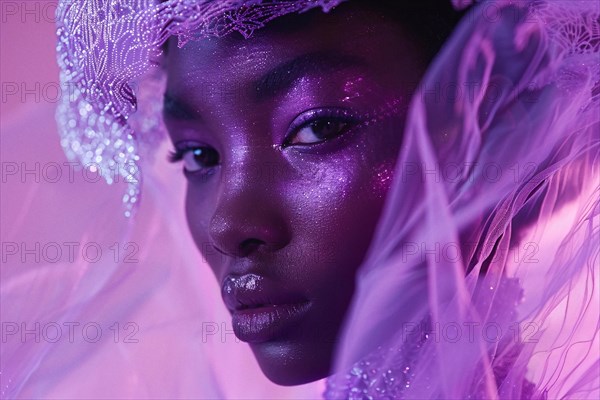 Dreamy portrait of a woman adorned with feathers and makeup in mesmerizing purple hues, AI generated