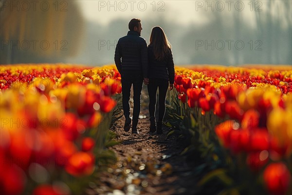 Back view of a couple holding hands in a tulip field at sunrise with a dreamy bokeh effect, AI generated