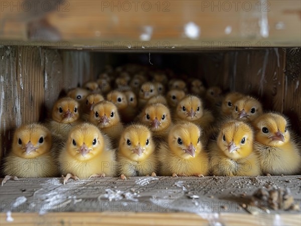 Small chicks huddled together inside a brooding box looking curiously, AI generiert, AI generated