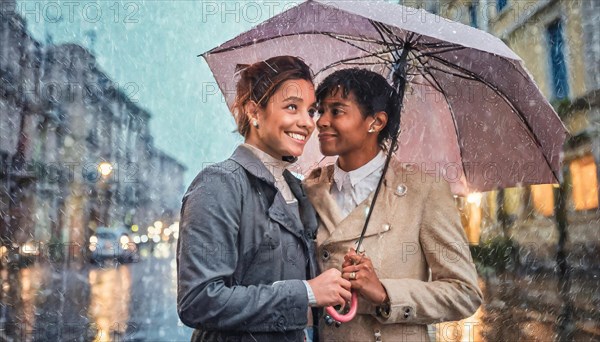 A couple sharing a close moment under an umbrella on a rainy city evening, blurry city background with bokeh effect, romantic gay scene, AI generated