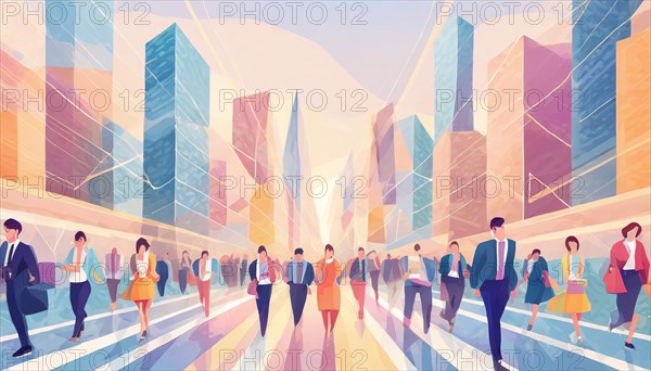 Geometrically abstracted image of a busy urban street with businesspeople and pastel buildings, low poly style, AI generated