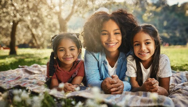 Three smiling young sisters enjoying a sunny day outdoors on a picnic blanket, AI generated