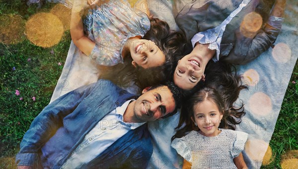 Happy family moment with three members on a picnic blanket, with sparkling bokeh around, AI generated