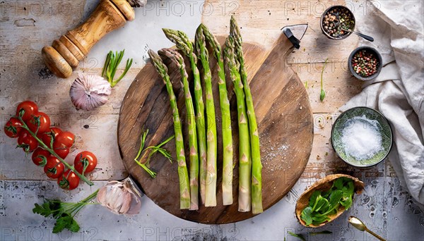 Fresh asparagus on a wooden board surrounded by tomatoes, garlic and spices, ready to cook, green asparagus, asparagus spears, KI generated, AI generated