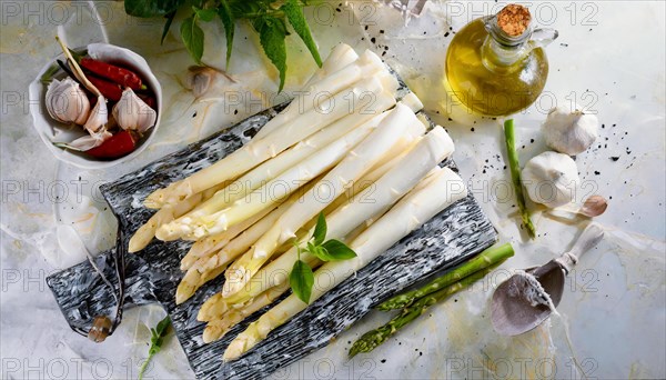 Rustic presentation of fresh white asparagus on a plate with olive oil and garlic, fresh white asparagus, KI generated, AI generated