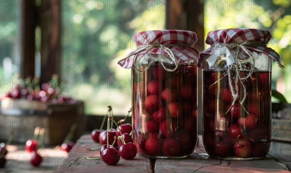 Ripe cherries showcased in a glass jar filled with clear syrup AI generated