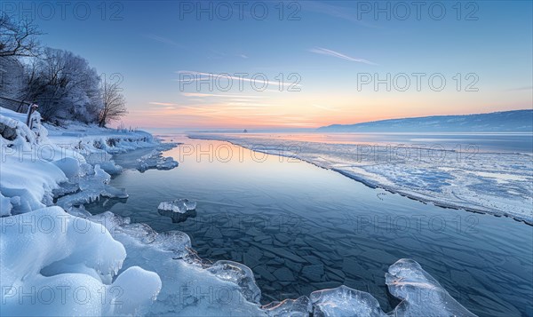 The lake frozen over in the depths of winter AI generated