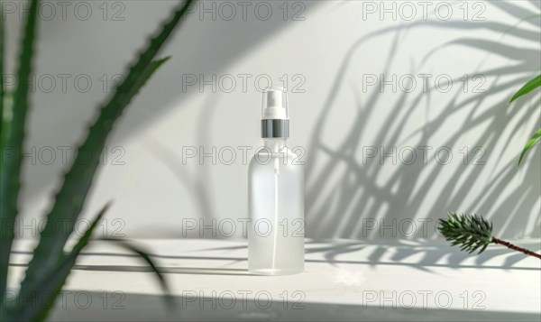 A blank spray bottle mockup containing aloe vera mist, nature cosmetic AI generated