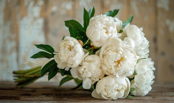 A bouquet of white peonies on a rustic wooden table AI generated