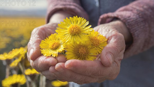 Hands of an elderly woman holding coltsfoot flowers, in the background gentle mountain hills, medicinal plant coltsfoot, Tussilago farfara, KI generated, AI generated