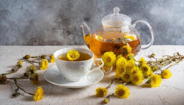 Teatime with yellow flowers around the teapot and cup, medicinal plant coltsfoot, Tussilago farfara, KI generated, AI generated