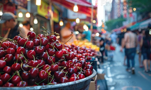 Closeup view of rip cherries selling on city market AI generated