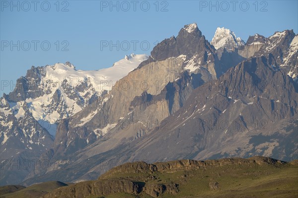 Andes mountain range, morning light, Torres del Paine National Park, Parque Nacional Torres del Paine, Cordillera del Paine, blue sky towers, Region de Magallanes y de la Antartica Chilena, Ultima Esperanza province, UNESCO biosphere reserve, Patagonia, end of the world, Chile, South America