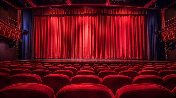 A modern, empty theater with a huge red curtain and neatly arranged rows of seats. Generative AI, AI generated
