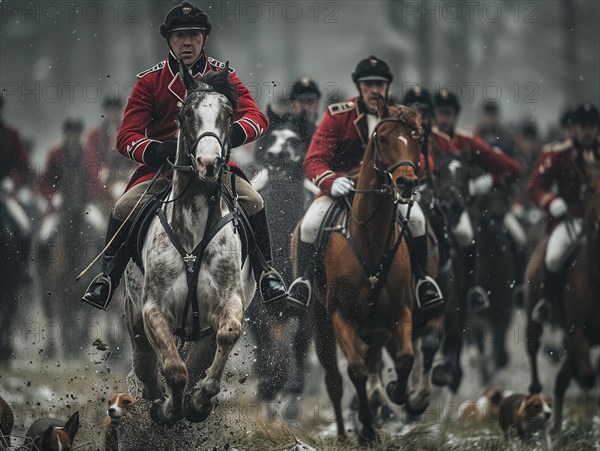 Traditional fox hunting with traditional clothing in England on horseback with dogs over hill and dale, AI generated