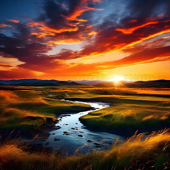 AI generated abstract painting of grasslands under a blazing sunset waves of greens