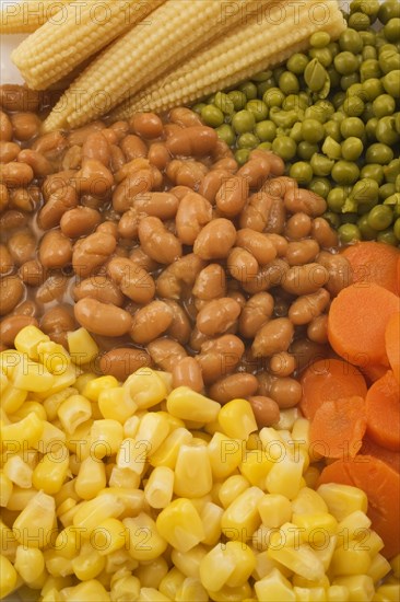 Close-up of mixed cooked vegetables that include brown baked beans, green peas, orange carrots and yellow corn kernels, Studio Composition, Quebec, Canada, North America
