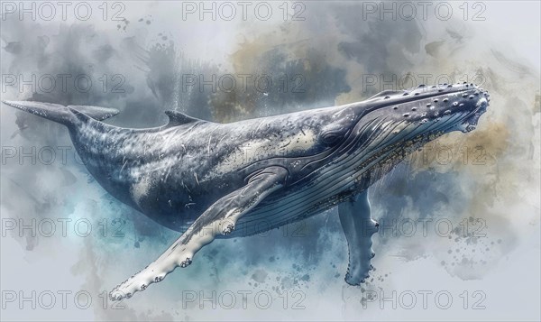 Watercolor illustration of a humpback whale in the ocean AI generated