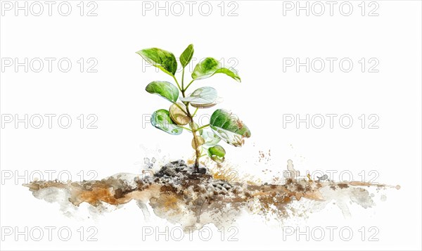 Tree sprout with coins growing from its buds, watercolor illustration on white background AI generated