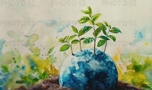 Vibrant watercolor painting of Earth with tree saplings growing on top AI generated