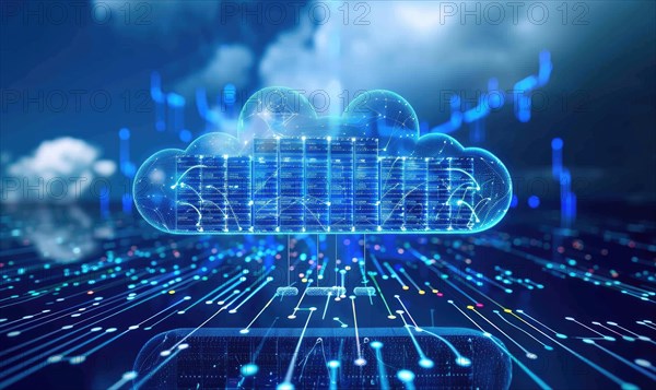 Cloud computing background with server racks and digital data streams AI generated