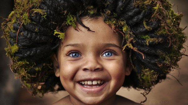 A smiling child with moss-covered hair, bright blue eyes emanating joy, moss growing and thriving, creating a mystical and enchanting effect, earth day concept, AI generated