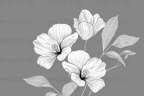 Black and white line art of elegant flowers with detailed petals, illustration, AI generated