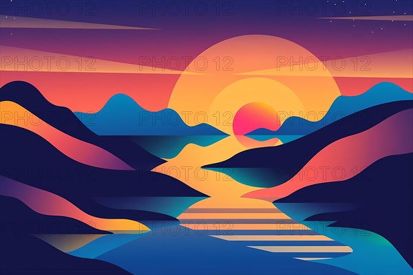An abstract vibrant sunset over mountains with a river reflecting the warm colors, illustration, AI generated