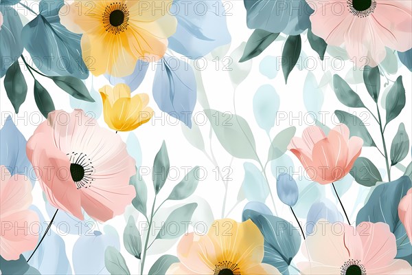 Bright and colorful floral pattern with pink, yellow, and blue flowers and green leaves, illustration, AI generated