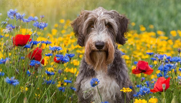 Ai generated, animal, animals, mammal, mammals, a, single animal, bobtail, (Canis lupus familiaris), dog, dogs, bitch, dog breed from England, a single animal, flower meadow