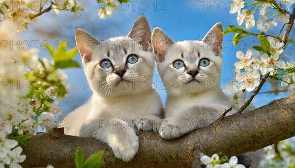 KI generated, animal, animals, mammal, mammals, cat, felidae (Felis catus), two kittens resting in a fruit tree, tree blossom, spring, summer