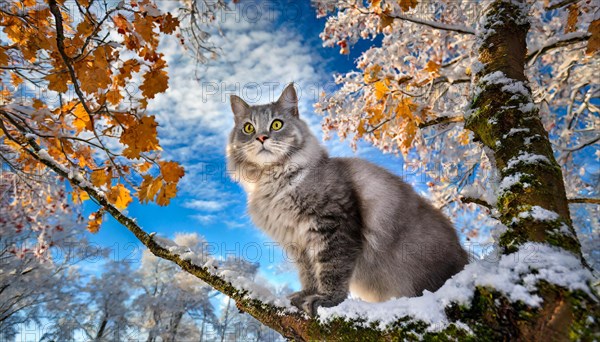 AI generated, animal, animals, mammal, mammals, cat, felidae (Felis catus), American Forest Cat, sitting in a tree, autumn, autumn leaves, snow, onset of winter