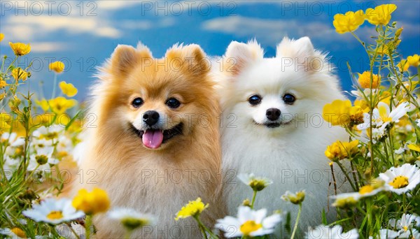 KI generated, animal, animals, mammal, mammals, a, single animal, dwarf spitz, Spitz, (Canis lupus familiaris), dog, dogs, bitch, Pomeranians, bitch with young, puppy, flower meadow, portrait, frontal