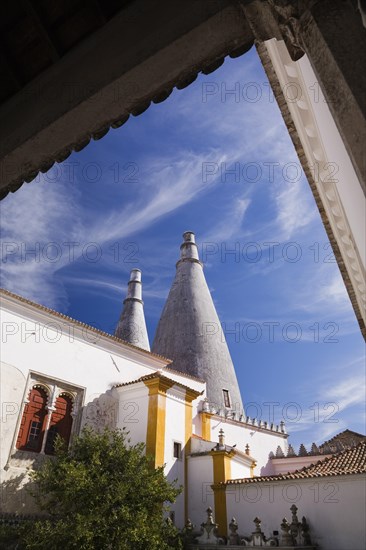 Inner courtyard architectural details and the chimney stacks at the National Palace of Sintra, Sintra, Portugal, Europe