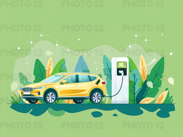 Yellow electric SUV being charged at a charging station surrounded by foliage, illustration, AI generated