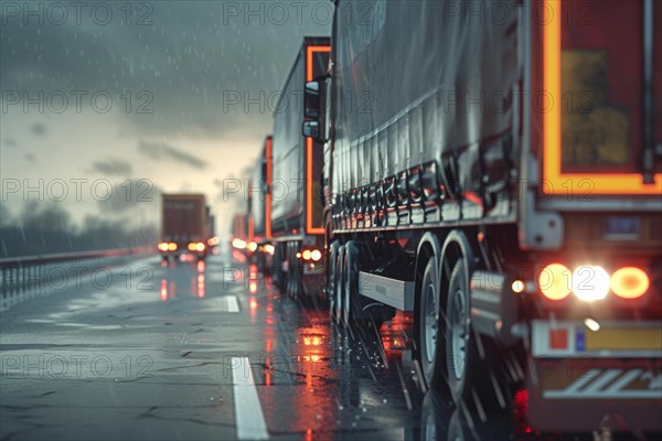 Traffic jam, congested motorway with many lorries and cars in rainy weather, poor weather conditions, limited visibility, AI generated, AI generated, AI generated