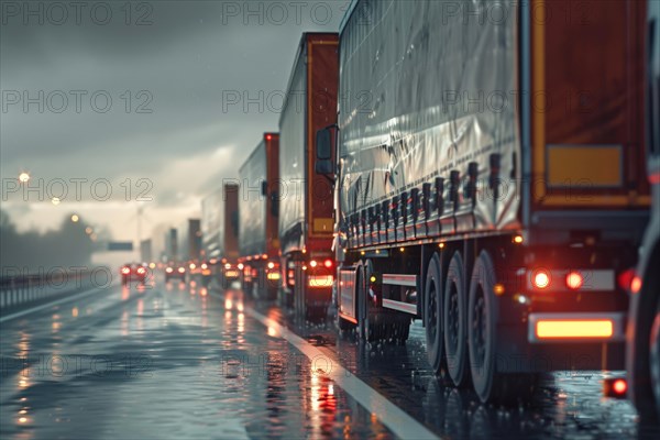 Traffic jam, congested motorway with many lorries and cars in rainy weather, poor weather conditions, limited visibility, AI generated, AI generated, AI generated