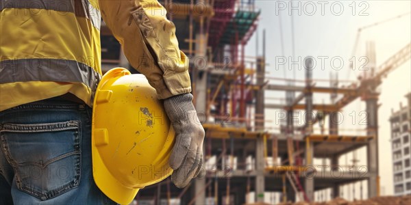 Banner with construction worker holding yellow safety helmet with construction site with building in blurry background. KI generiert, generiert, AI generated