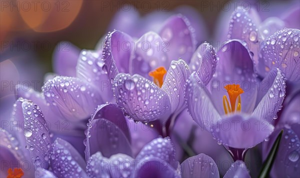 A close-up of delicate violet crocuses with dewdrops glistening on their petals AI generated