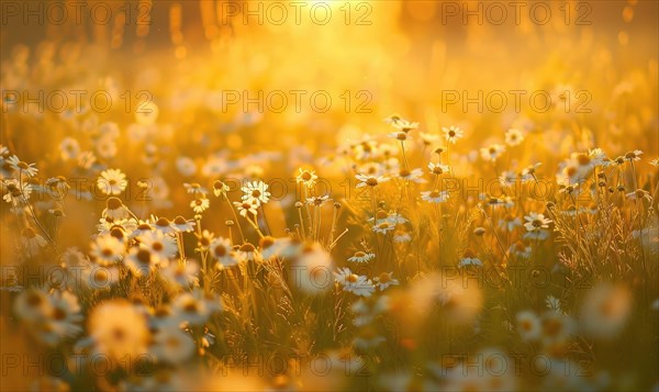 Chamomile field at golden hour, spring nature background AI generated