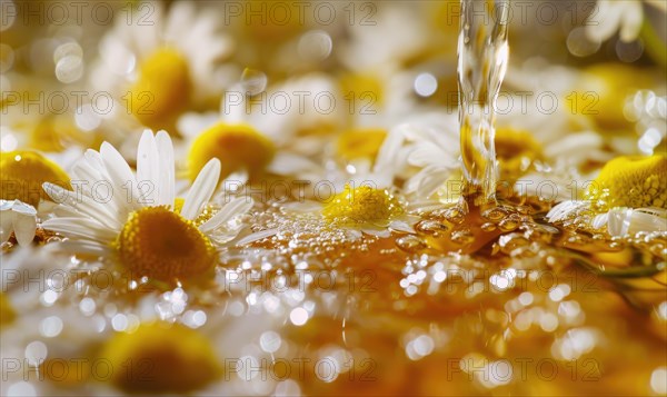 Close-up of chamomile flowers being distilled, nature beauty background AI generated