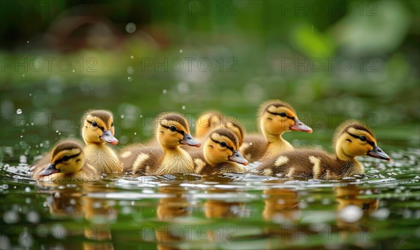 Ducklings swimming in a pond, close up view AI generated