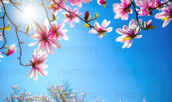 Pink magnolia tree branches laden with blossoms against a bright blue sky AI generated